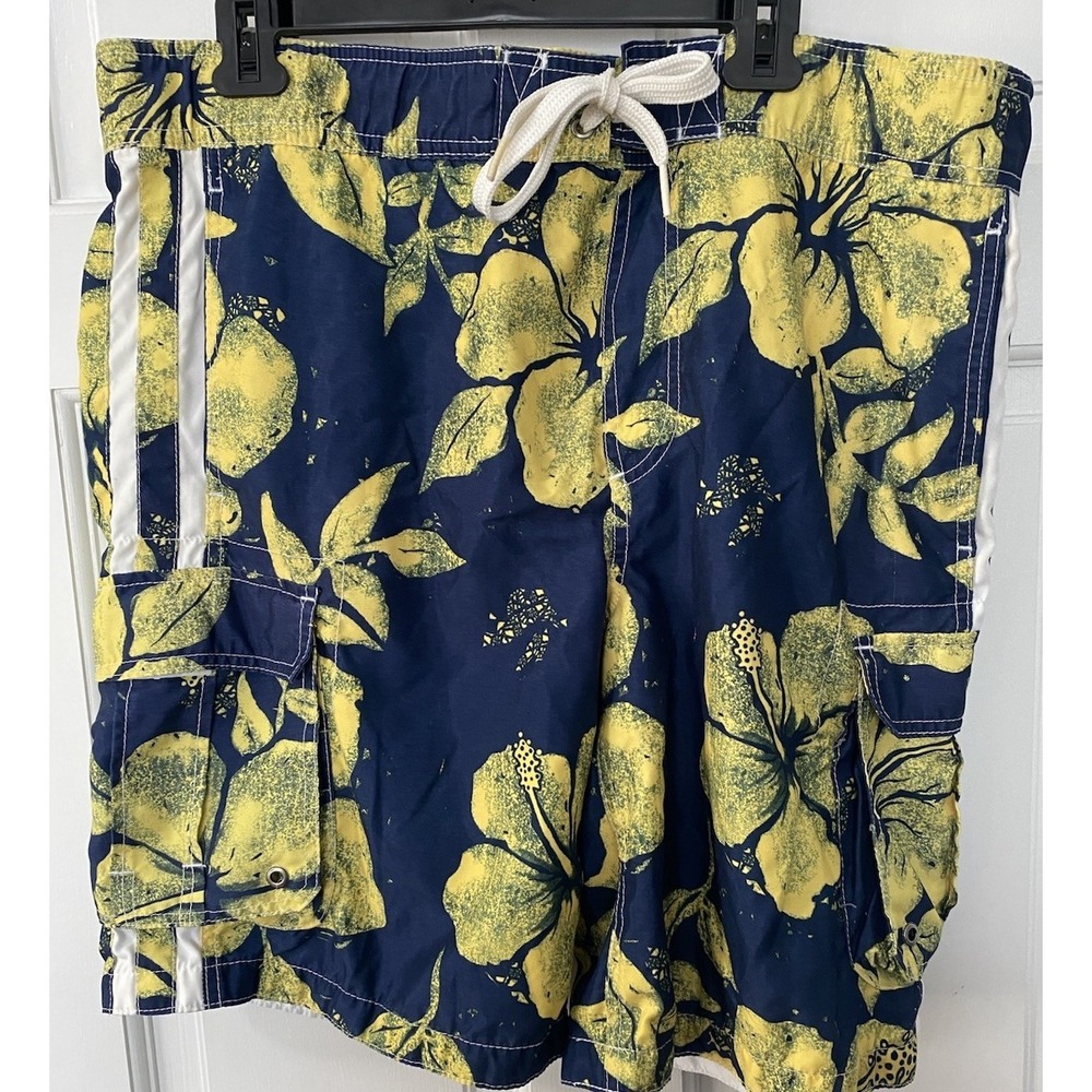 Mossimo Supply Co. Blue Yellow White Lined Swimming Trunks Shorts SZ Med Pockets
